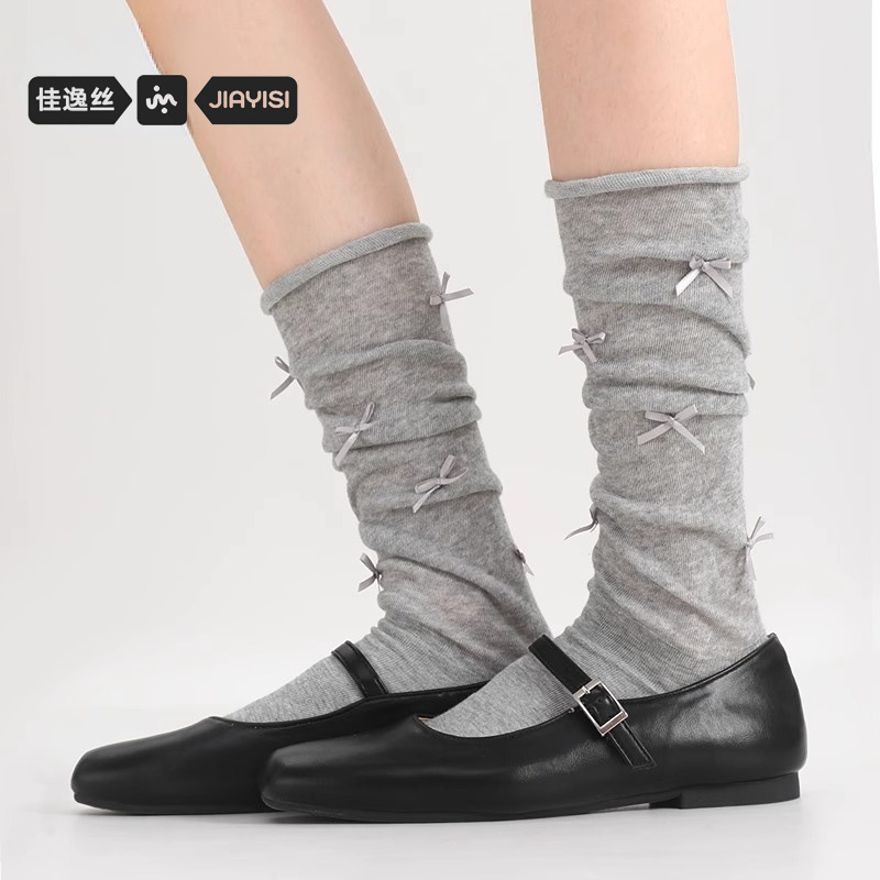 Mary Jane Small Leather Shoes with Ribbon Bow, Mid-Tube Slouch Socks, Summer Thin Breathable Sweat-Absorbing Odor-Resistant Seamless Black