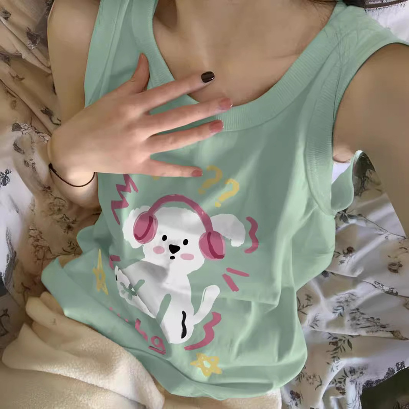French Sweet Cute Dog Printed Pure Cotton Sleeveless T-shirt Top Women's Dopamine Wear Loose Waistcoat Vest