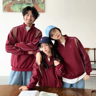 美式拼色半开领亲子卫衣春秋立领拉链一家三口母子父子休闲外套潮
