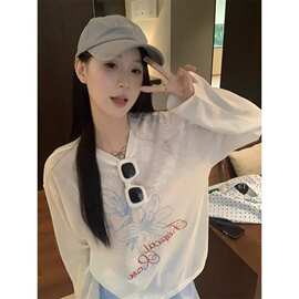 馆夏季新款肩长袖t恤女白正chic宽松防晒罩衫韩系设计红人感上衣