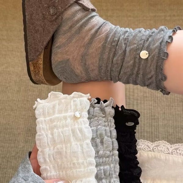 Spring and Summer Thin Buttoned Bubble Pleated Breathable Ballet-Style Sweet Solid Color Versatile Slouch Socks for Girls Lolita Socks