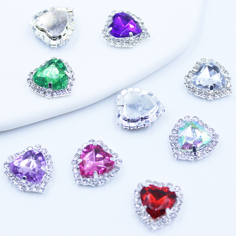 17mm Flats Bottom Silver Heart Edge Acrylic Claw Diamond Peach Heart Hand-Sewn Diamond DIY Clothing Wedding Handmade Accessories