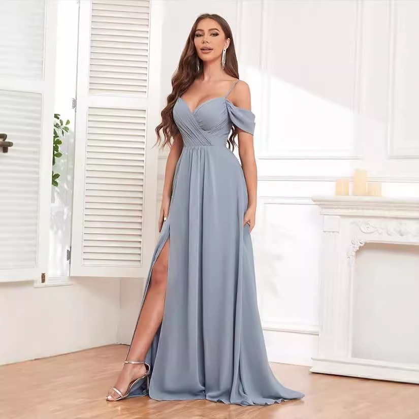 Vestido de noche de un solo hombro sexy europeo y americano, vestido de falda larga de cola de pez de encaje, dama de honor de gasa a nivel de diosa, caída delgada