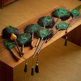 孔雀羽毛掸除尘掸竹制鸟毛扫灰家用装饰品鸡毛掸清洁刷子汽车掸子