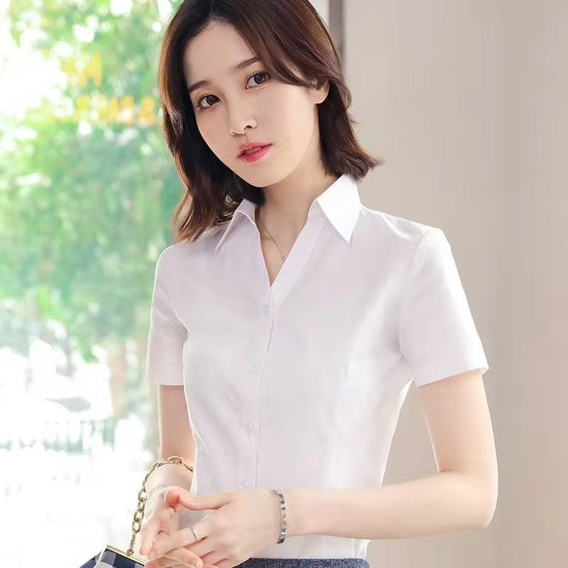Summer thin white shirt women's short-sleeved V-neck professional formal dress slim-fit micro-bullet non-iron work clothes large quantity from the factory straight Summer thin white shirt women's short-sleeved V-neck professional formal dress slim-fit micro-bullet non-iron work clothes large quantity from the factory straight