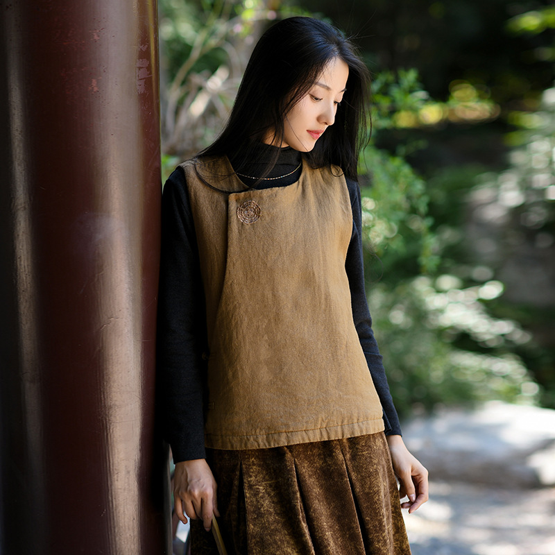 棉麻女装2024秋冬季新款中式马甲女中国风复古背心亚麻马夹外套