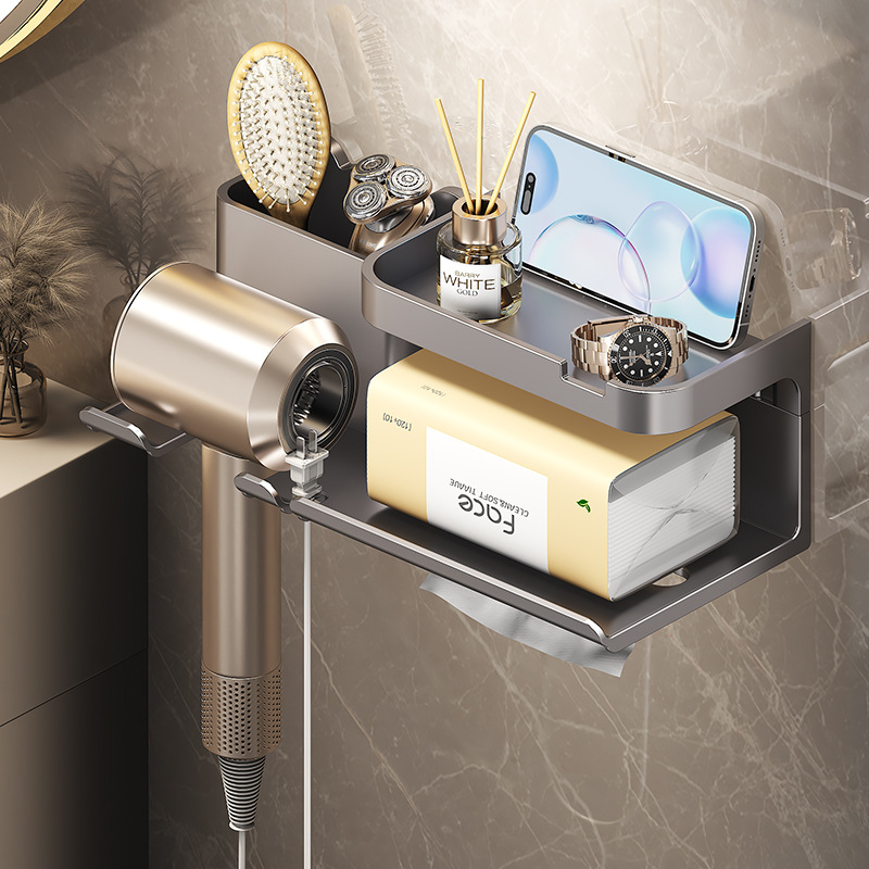 욕실 헤어드라이어 수납선반, 펀치프리 벽걸이형 일체형 헤어드라이어 티슈, 욕실 다기능 수납선반