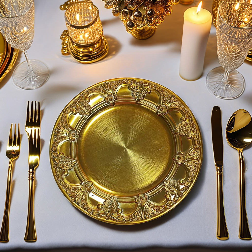 Fábrica directa platos de oro galvanizados imitación de metal procesamiento de bodas de hotel procesamiento de pintura de plástico platos de decoración