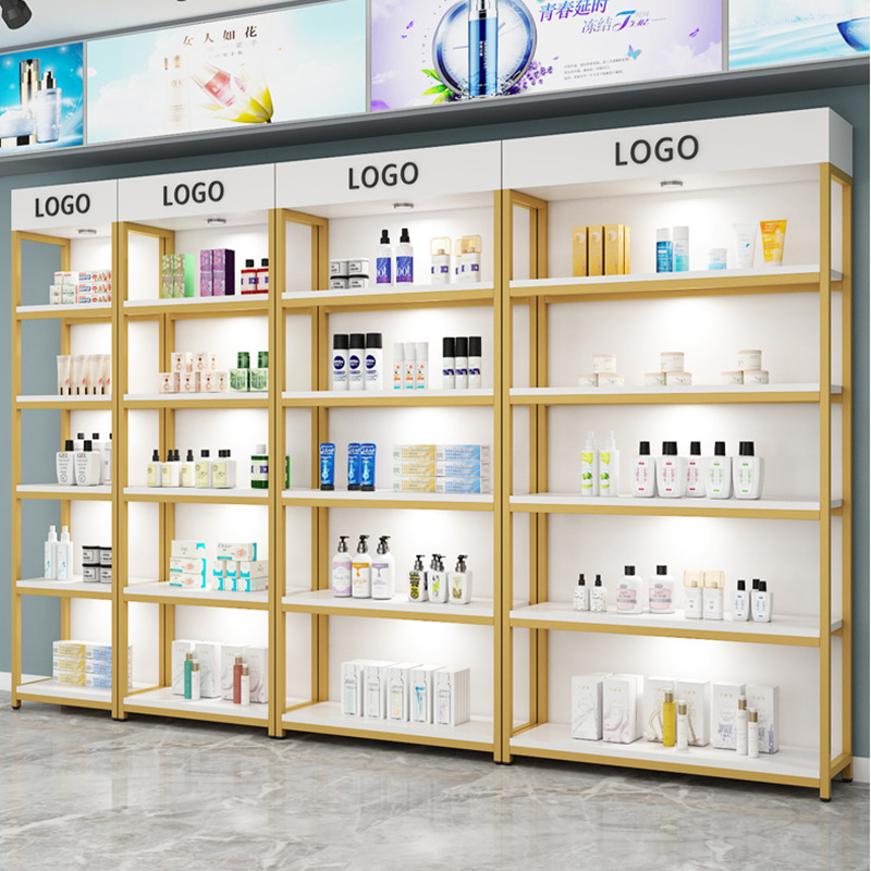 Estante de Exhibición para Supermercado, Exhibidor de Cosméticos para Tienda de Belleza, Vitrina de Múltiples Niveles, Estantes de Acero y Madera para Productos de Papelería al por Mayor