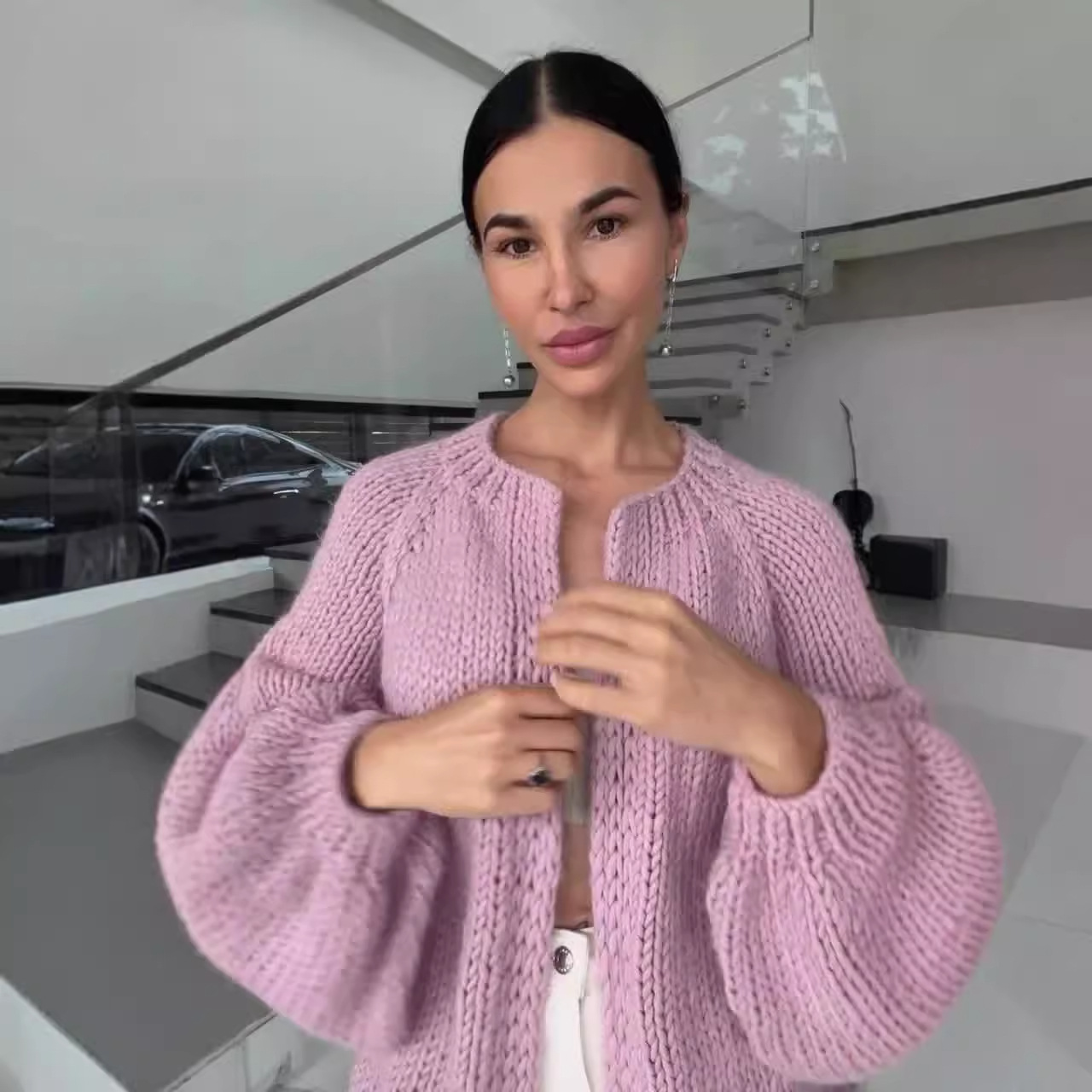 2024 otoño nuevo Europa y América Amazon transfronteriza explosión de ropa de mujer de color sólido perezoso corto delgado cardigan de punto