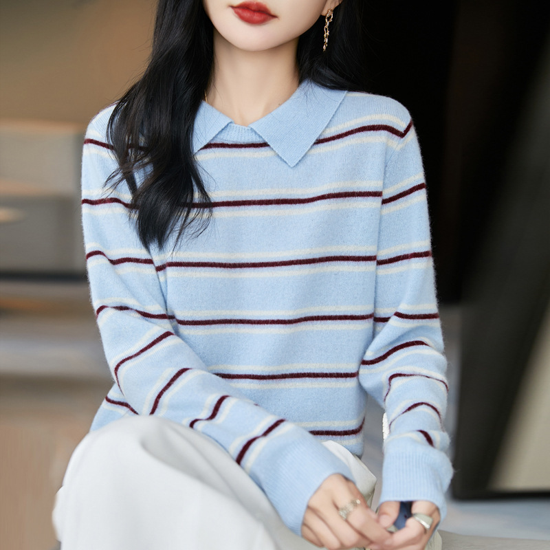 秋冬款100%纯羊毛衫女POLO领条纹拼色针织毛衣学院风宽松打底上衣|undefined