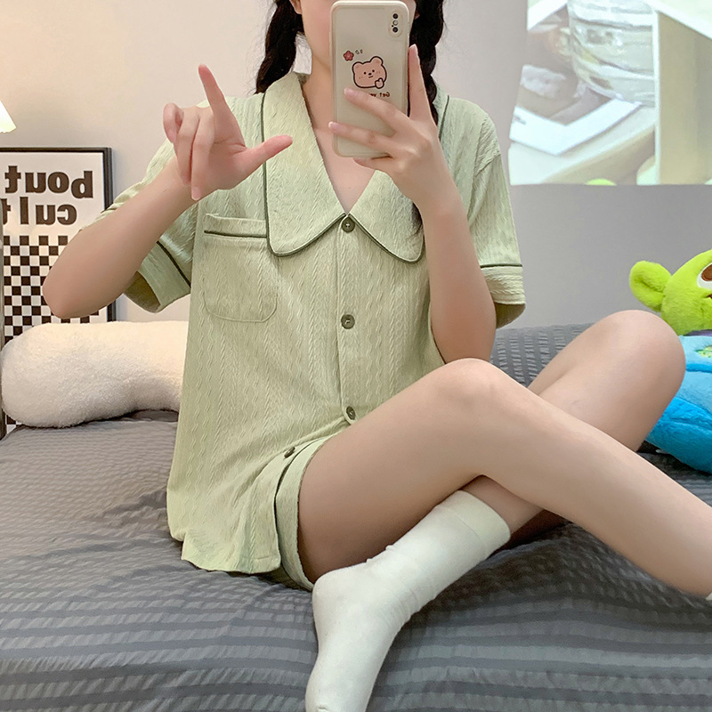 (2개) 코튼 파자마 여성 여름 새 옷깃 카디건 반팔 반바지 캐주얼 루즈 달콤한 소녀의 집 얇은 세트