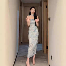 微胖mm新中式国风吊带旗袍裙女夏季2024大码素雅提花修身包臀长裙
