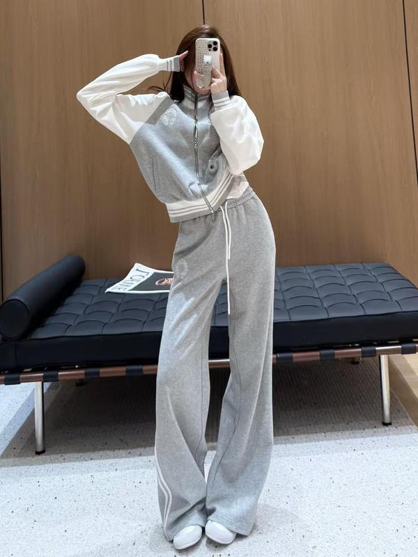 秋季撞色拼接休闲套装时尚百搭运动上衣外套南油女遮肉显瘦阔腿裤|undefined