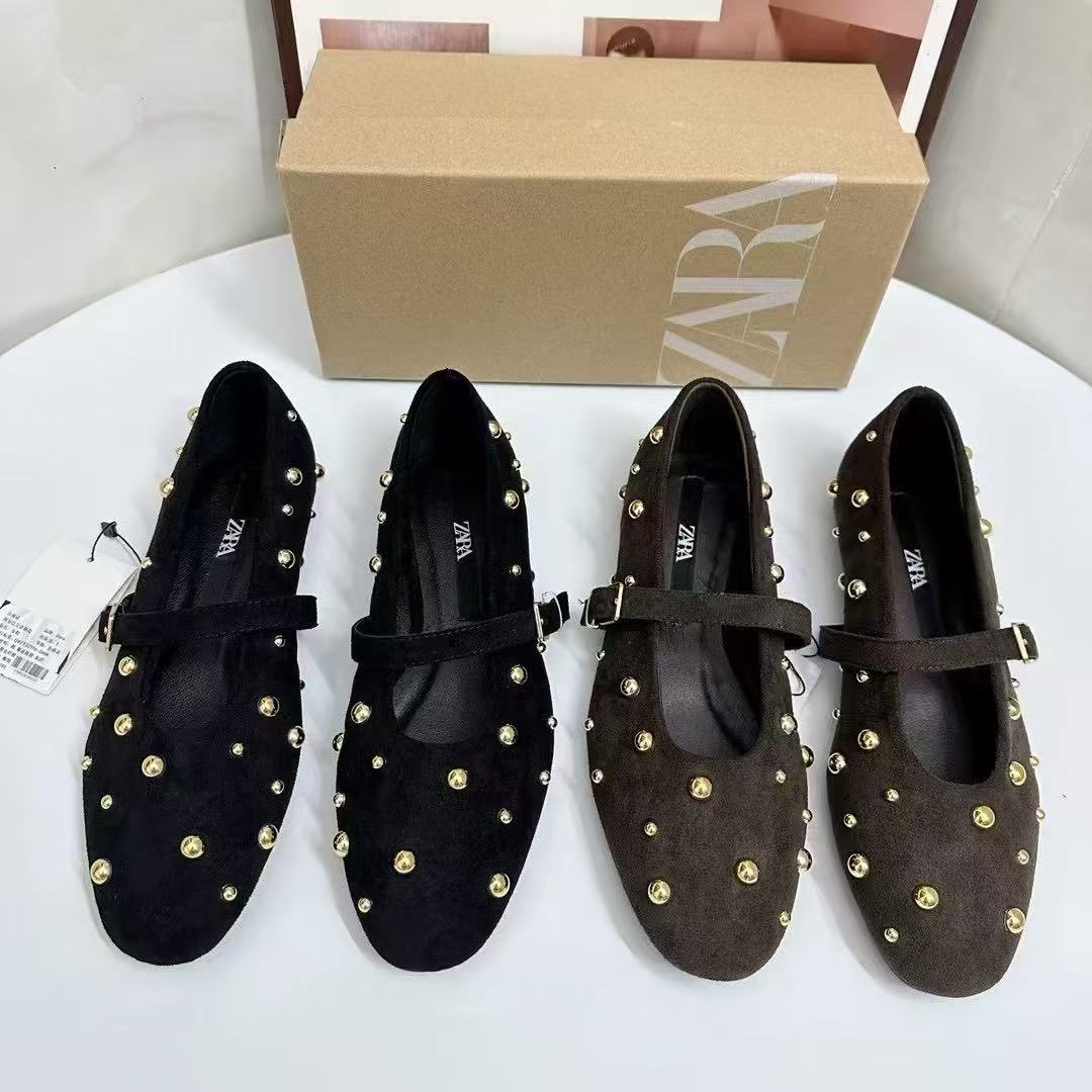 Za Spain 2025 Summer New Round-Toe Studded Black and Brown Suede Ballet Flat Shoes for Women