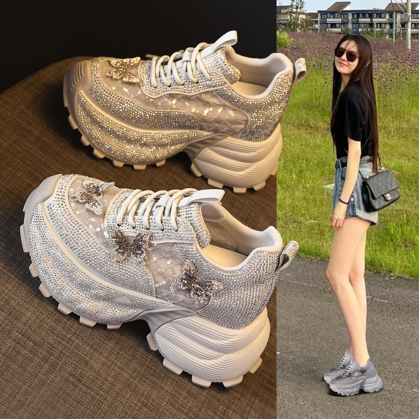 Giày sneaker nữ chunky đế dày đính đá pha lê thời trang — màu be