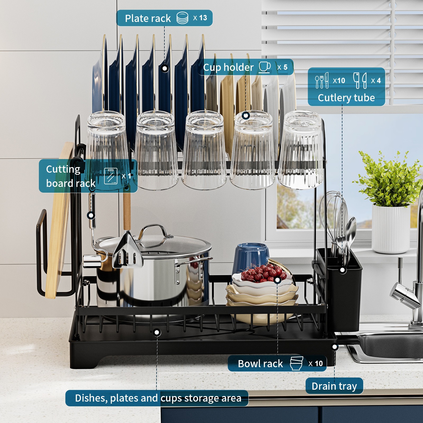Estante de platos de cocina, estante de drenaje de fregadero, estante de almacenamiento multifuncional para platos y palillos, estante de drenaje de encimera
