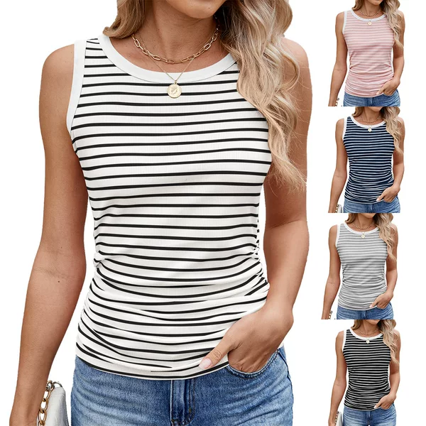 Amazon Europe and the United States cross-border foreign trade 2025 spring and summer new striped round neck contrast color thread pit vest top women