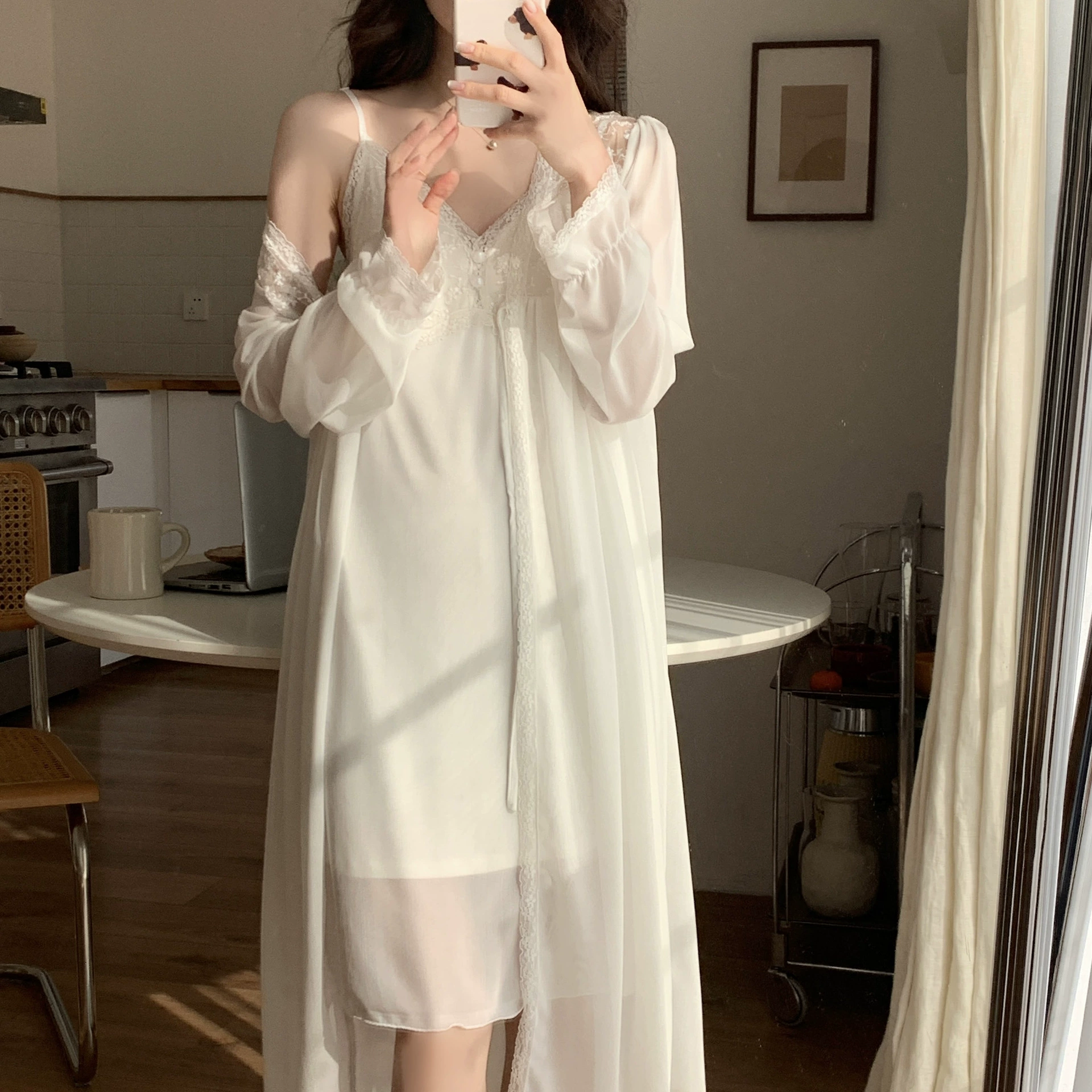 Милый пижамный комплект, халат, набор, сексуальное slipsdress, длинные рукава, французский стиль