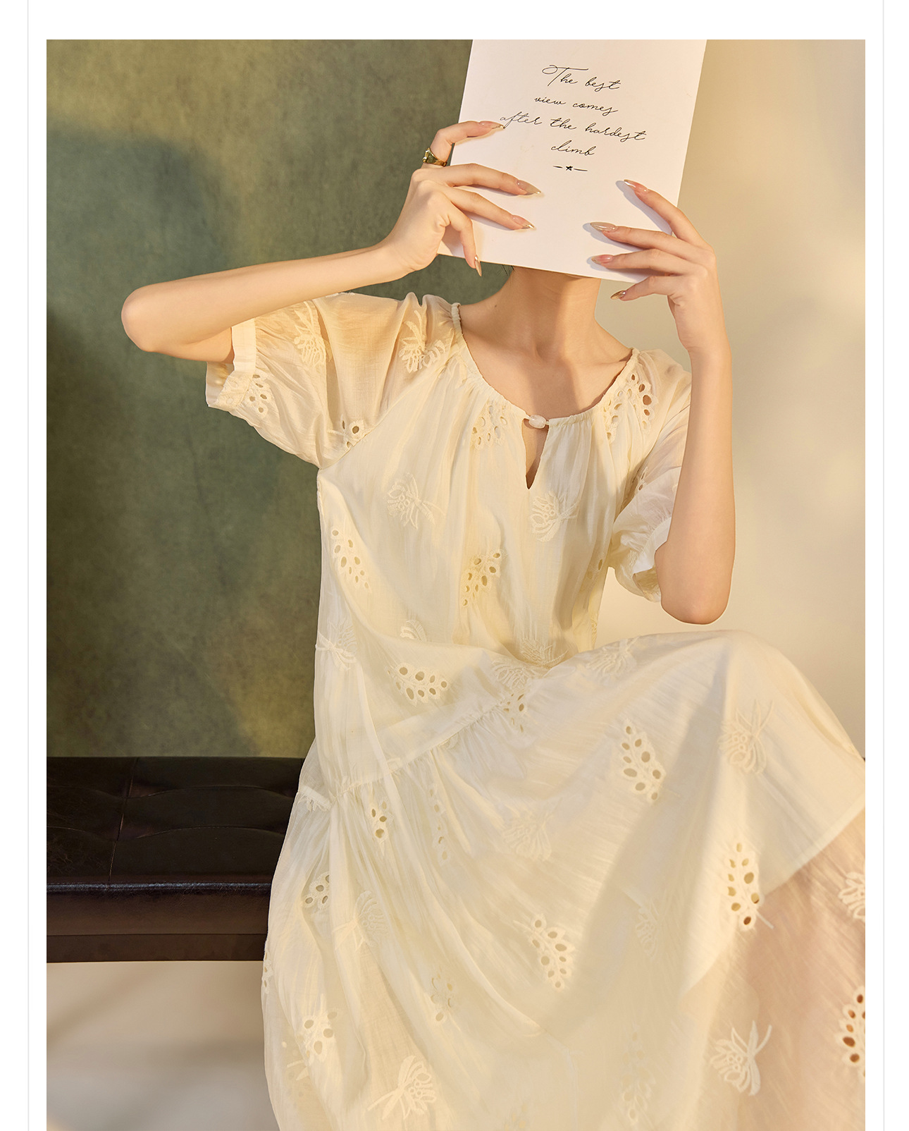 Váy suông midi Tencel phong cách Trung Quốc mới tay ngắn cổ tròn — Màu trắng be chi tiết 6