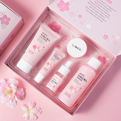 Cross-border LAIKOU Sakura Skin Care Gift Box 5-piece Set Essence Cream Brightening Water Facial Cleanser Moisturizing and Replenishing