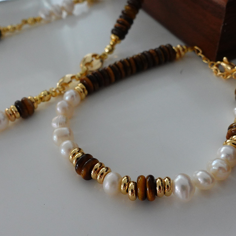 Natural Freshwater Pearl Necklace French Retro Tiger's Eye Woolen Chain Antique Bracelet New Year Temperament Clavicle Chain