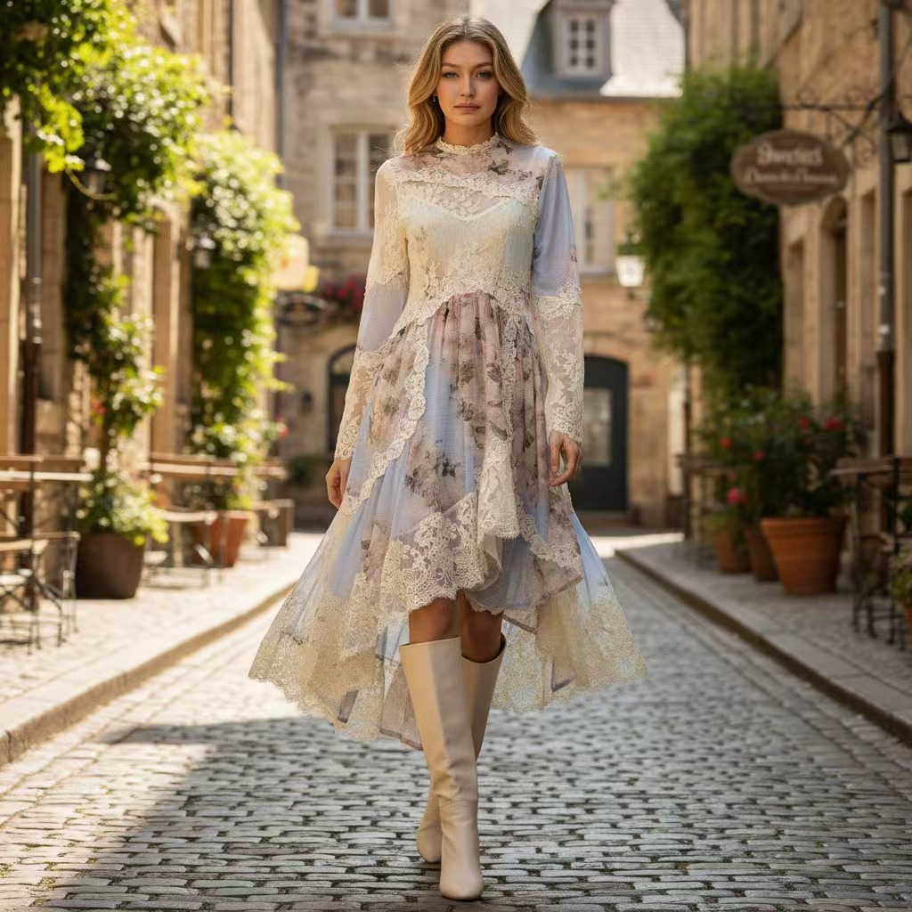 跨境外贸独立站澳洲复古宫廷蕾丝拼接不规则荷叶边长袖礼服连衣裙