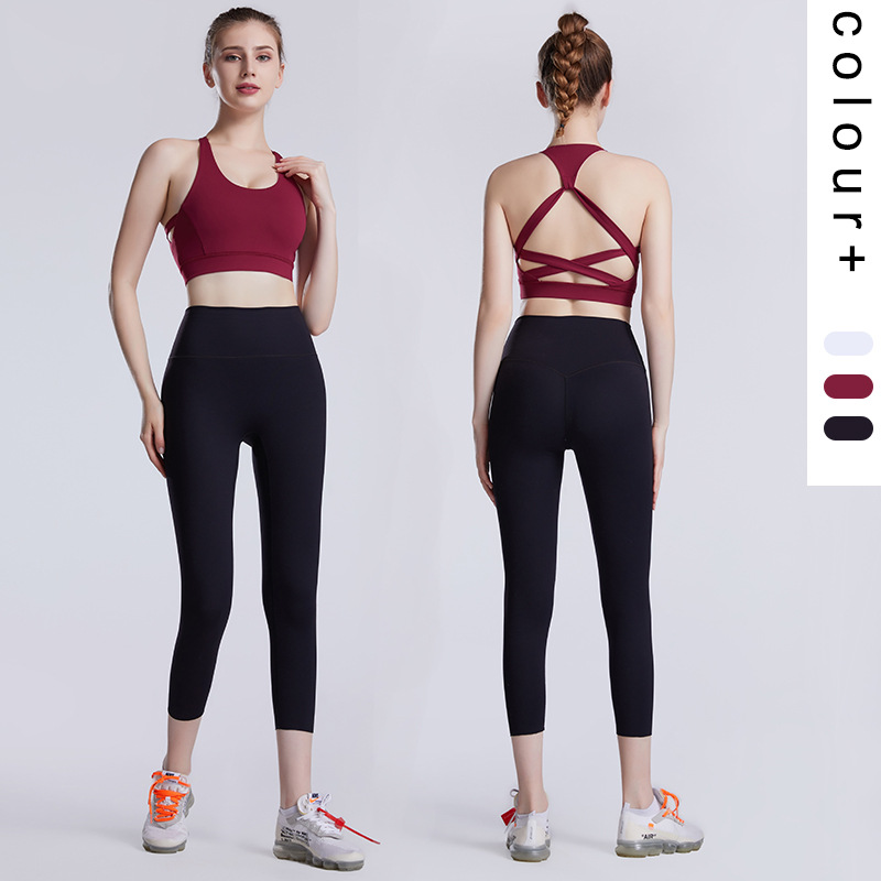 summer new pattern sexy Navel Beautiful back Bras Hip Paige Tight fitting Two-sided Brushed Yoga Pants 2 Set of parts