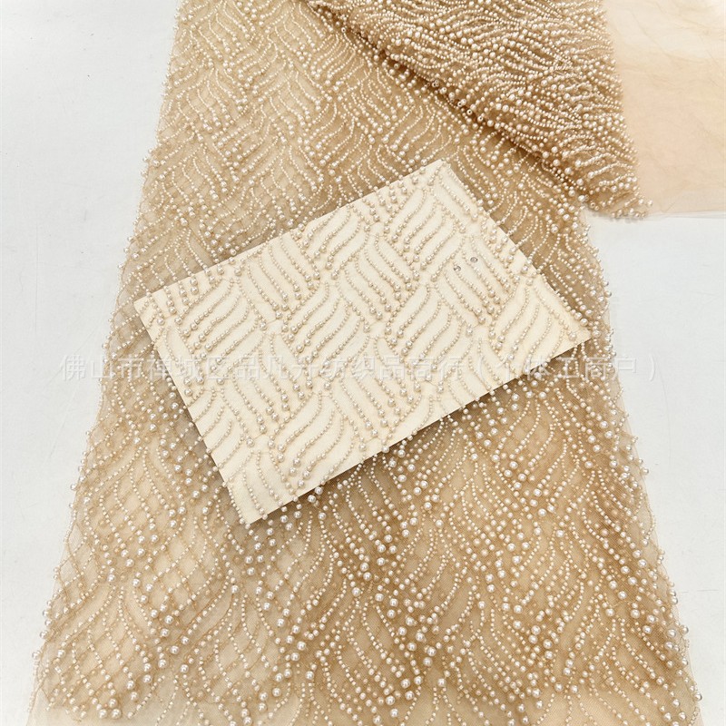 Tejido de encaje de cuentas beige simple malla de moda vestido de mujer vestido de novia ropa infantil tela