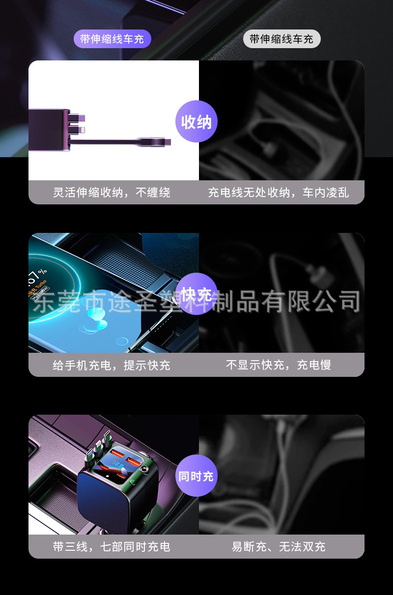 120W Car Charger with Retractable Cable, Cigarette Lighter Digital Display Fast Charging, Multiple Versions Starry Sky Design Car Charger
