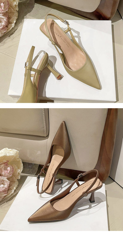 Giày sandal nữ bít mũi mũi nhọn gót mảnh quai ngang, gót 6–8 cm — Màu nâu, Màu trắng be, Màu vàng nhạt chi tiết 15