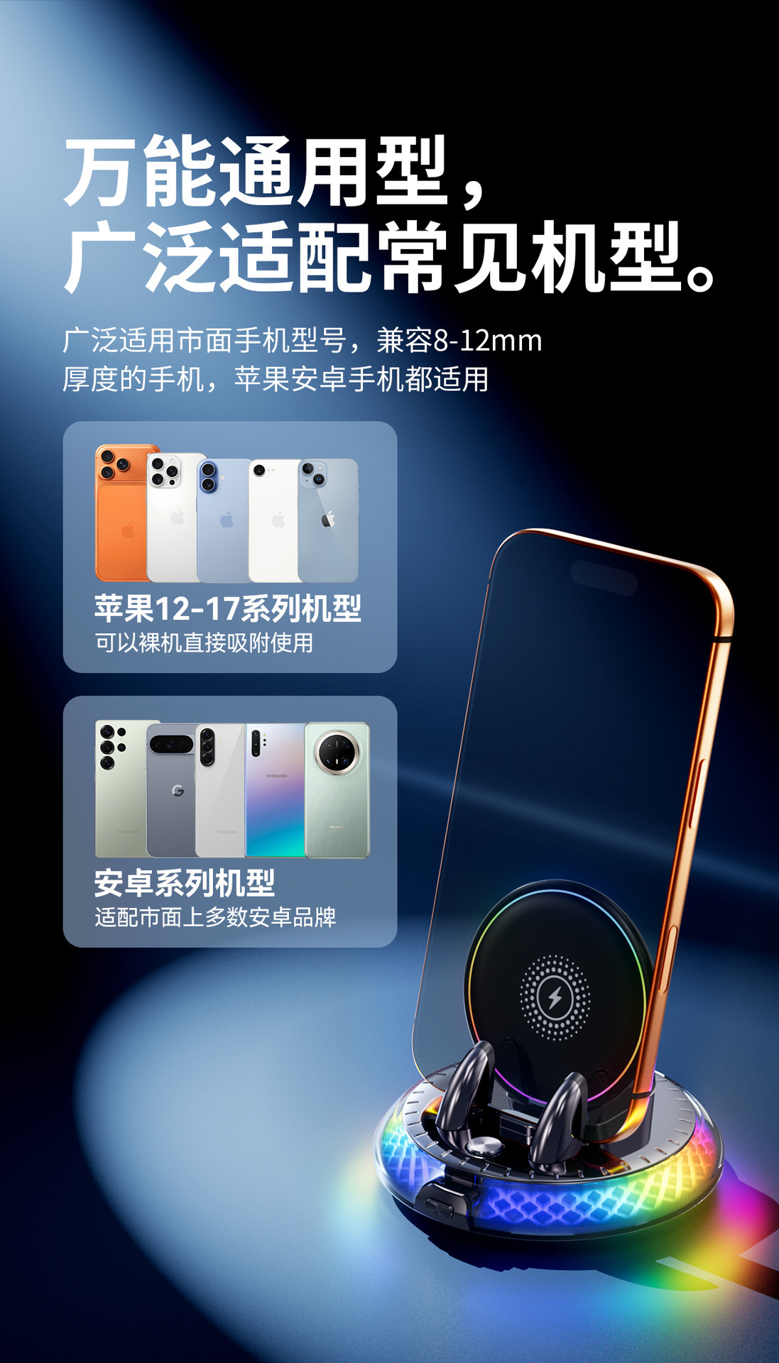 New car phone holder with RGB colorful ambient lighting, dashboard anti-shake wireless charging stand with fast charging