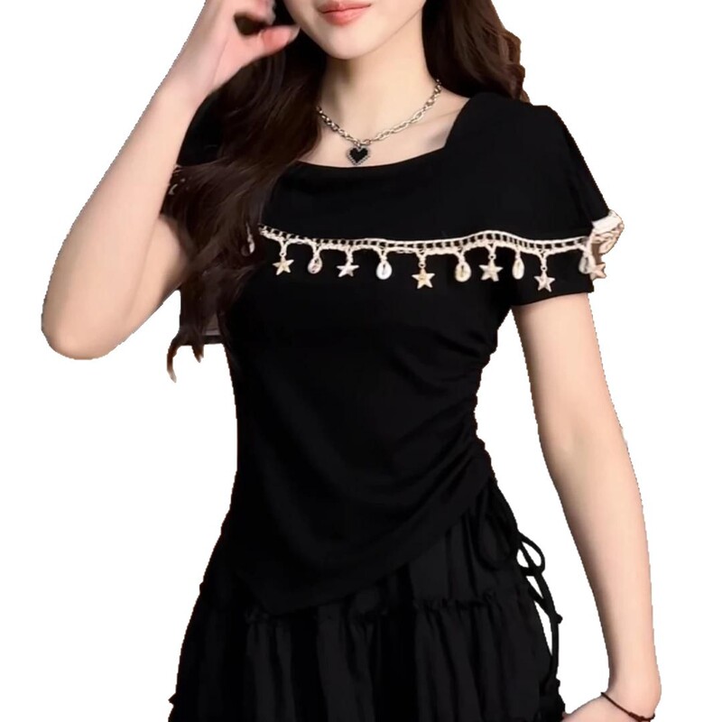 韓国スタイルのファッションレトロヘビーデューティタッセルデザインスクエアカラー半袖 Tシャツ女性の夏の新しいプリーツスリムトップイン|undefined