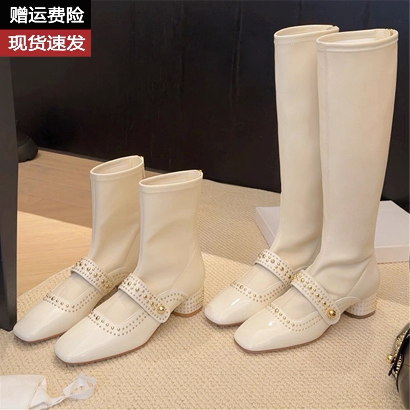 牛皮气质方头铆钉真皮高跟靴子弹力瘦瘦长靴女小香粗跟长筒骑士靴|undefined