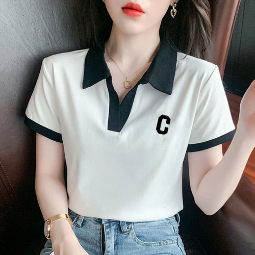 Plus-size women's polo shirt with straight shoulders, short-sleeved T-shirt, 2025 summer, for plus-size women, hides the stomach and creates a slimmer look, V-neck top