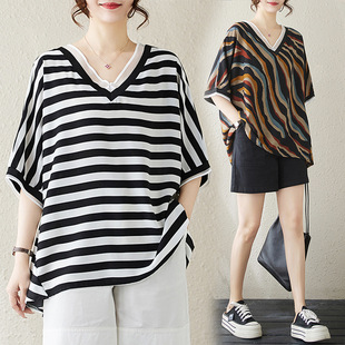 Large Size Women's 2024 Summer New Korean Style Fashionable Casual Loose V-neck Classic 8876# Slimming Chiffon Shirt for Women