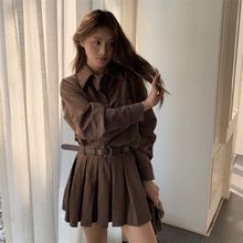 韩系时尚韩国代购翻领格纹连衣裙配皮带甜酷超仙遮肉遮肚021#网纱