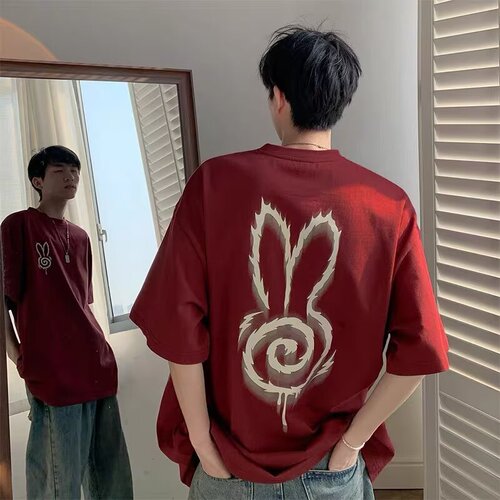 Red Wine Heavyweight T-Shirt for Men - Summer New Arrival, European and American Trend Brand, Fashion Short Sleeve, American Retro Style, Small Collar, Five-Point Sleeve
