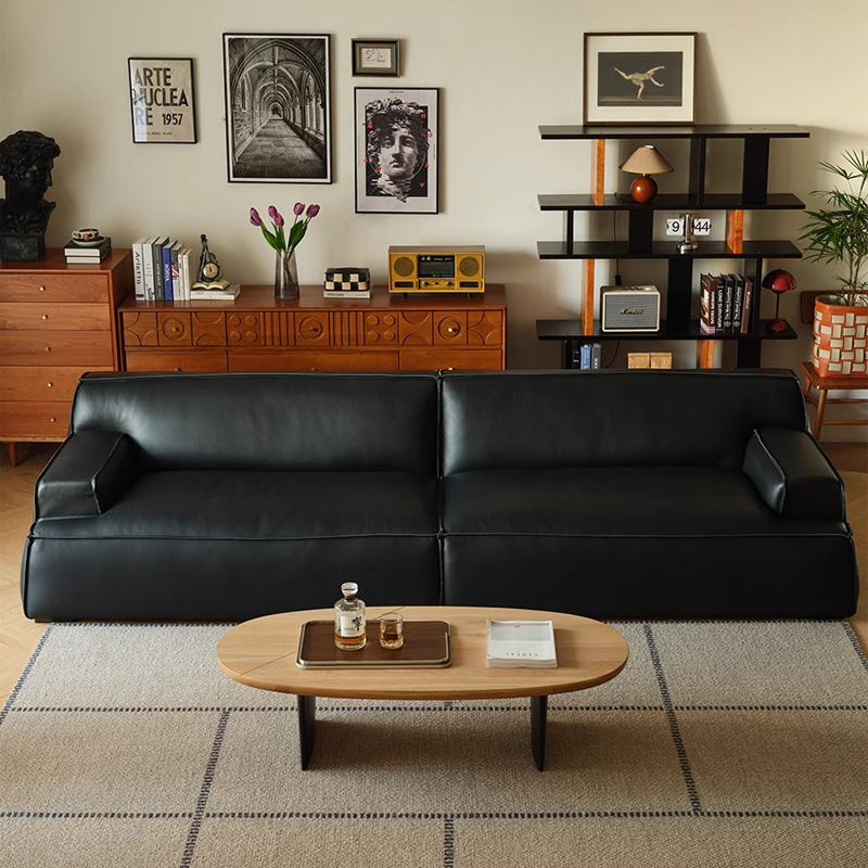 Sofá de cuero Damasco sala de estar retro sofá de tres filas Baxter negro cabeza sofá de cuero