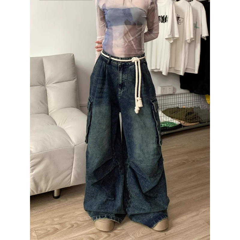 Cool Girl Retro Workwear Jeans for Men and Women, Loose Autumn and Winter Thickeneded Oversized Loose Wide-Leg Pants