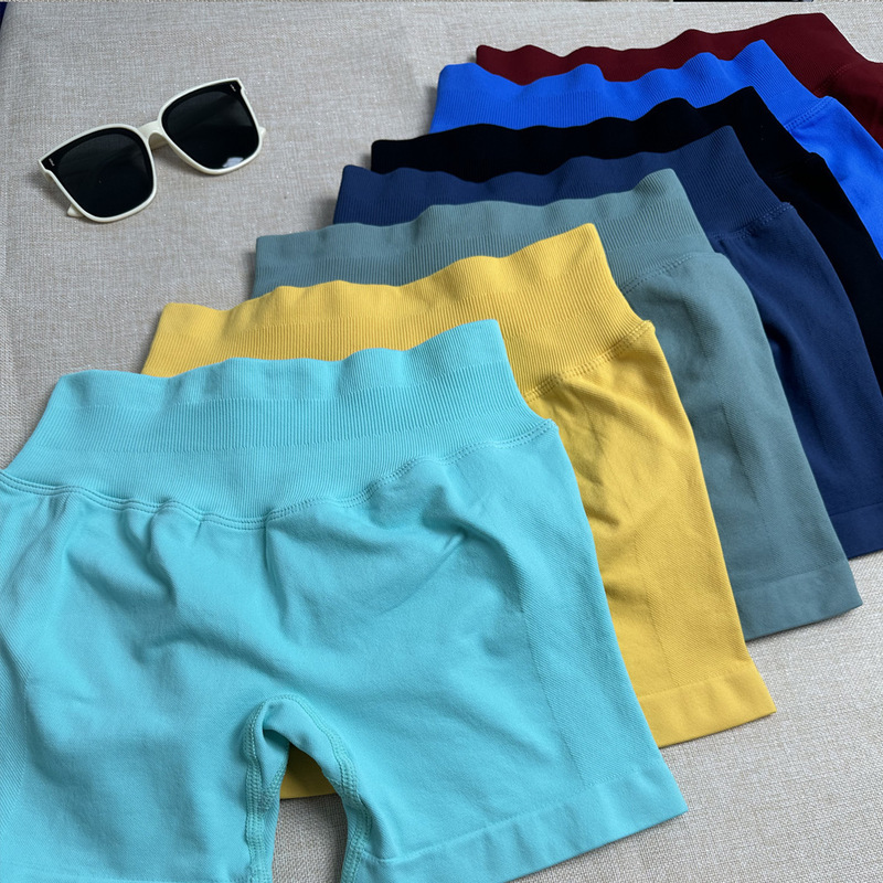 Dfyne Cross-Border Popular Candy-Colored Three-Section Waist Tight Pleated Seamless Three-Point Sports Yoga Shorts