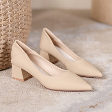 238-3杏色高跟鞋粗跟尖头单鞋通勤不累脚工作鞋日常百搭两穿软底