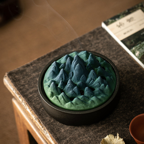 Large Thousand Mountains and Rivers Ceramic Incense Burner for Home Use, Indoor Creative Plate Incense Sandalwood Mosquito Repellent Incense Box with Wicks
