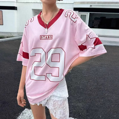 アメリカンハイストリートレジャースポーツ野球襟衝突色半袖長袖tシャツ女性夏ゆるいプリント半袖上着