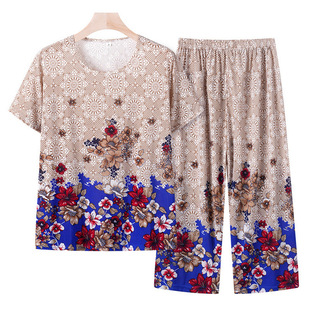 Middle-aged and elderly women's summer round neck T-shirt grandma summer plus size suit mother thin old lady two-piece set