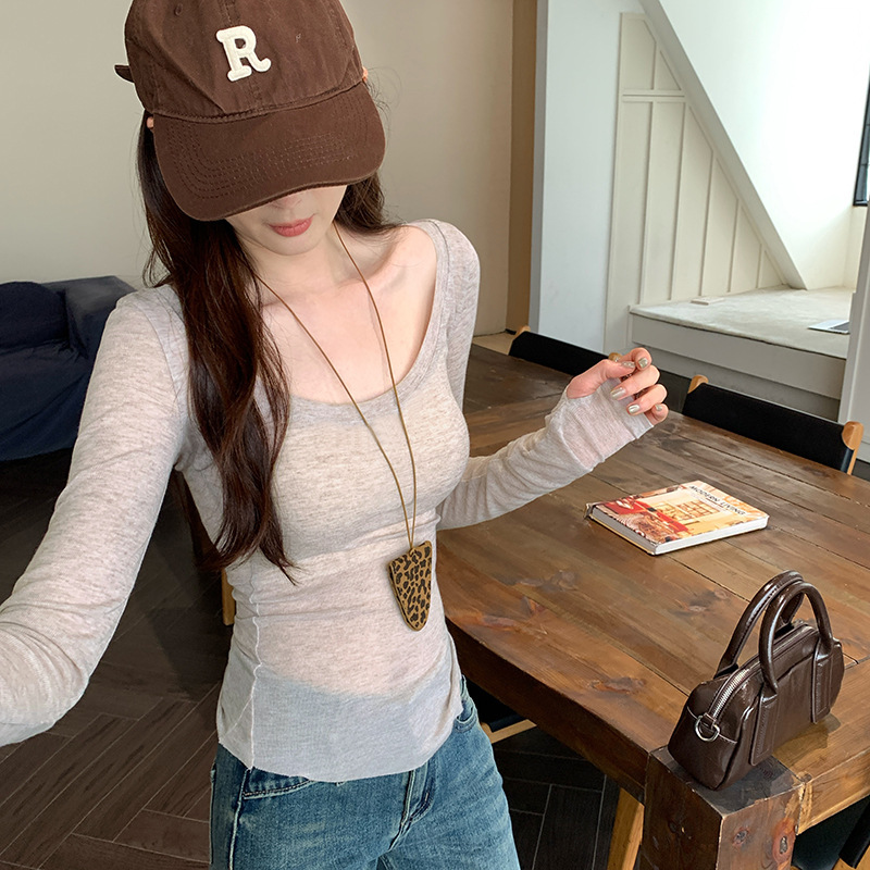 European Simple White Large U-Neck Long-Sleeved T-Shirt Women's 20 Spring and Summer Korean Style Inner Base Blouse Top