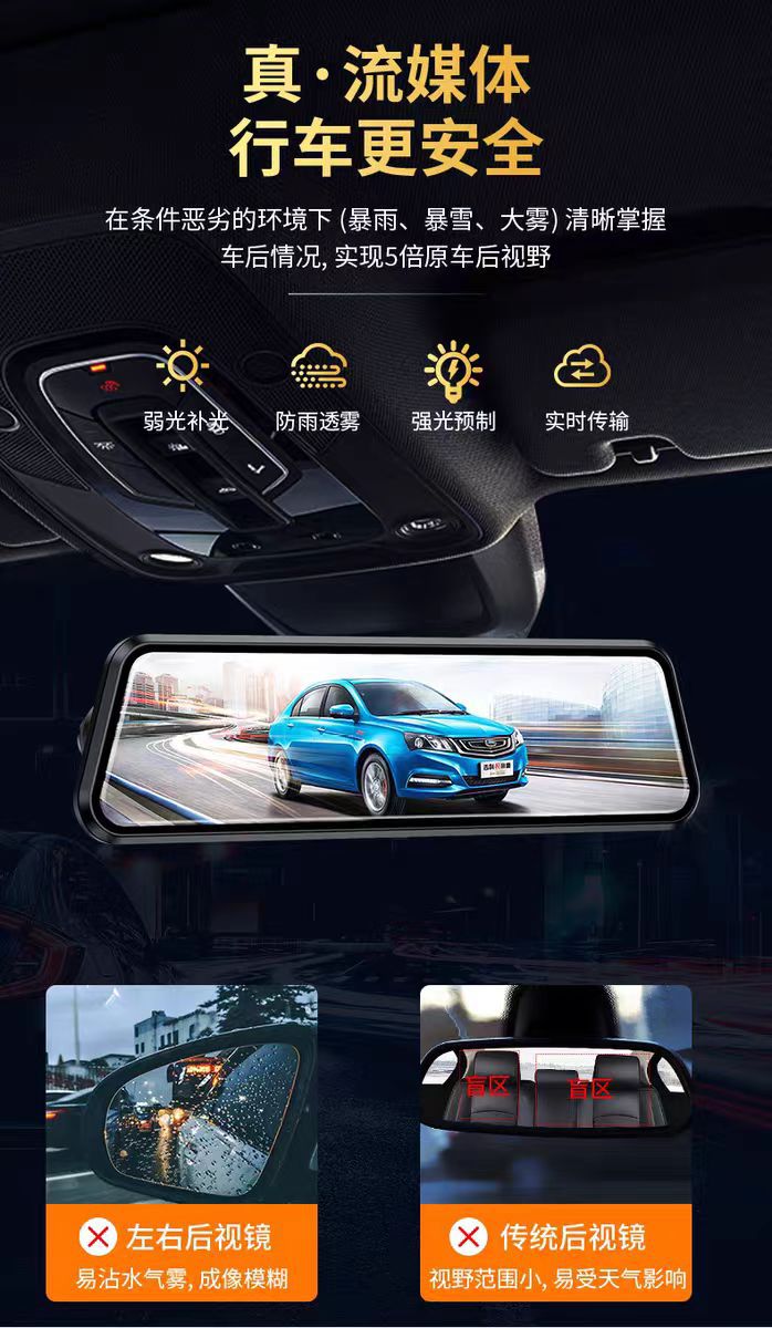 10-Inch 2.5D Screen Full-Screen Streaming Media Dash Cam with Starlight Night Vision, Dual Recording, 1296P Reversing Full-Screen Display