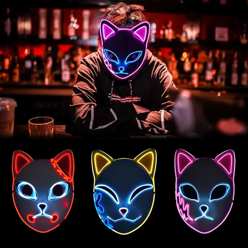 Led luminoso fantasma extinguir la hoja máscara luminosa anime cos props cara de gato zorro Halloween máscara de luz fría flash