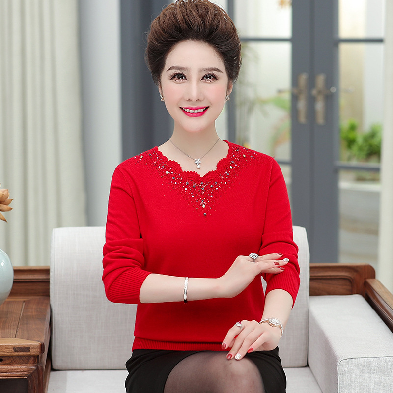 2025妈妈装新款洋气纯色毛衣中老年女装宽松打底衫套头V领针织衫