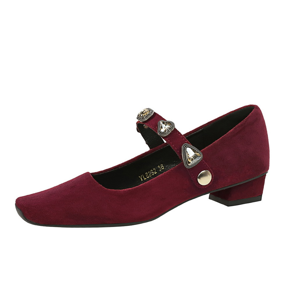 8292-K113 European And American Mary Jane Women's With Chunky Heel, Square Toe, Shallow Cut, Single Strap, Suede,_vogvips.com